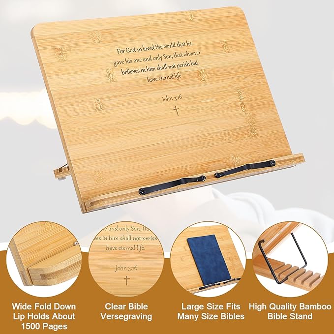 Large Bamboo Book Stand for Reading Hands-Free, Adjustable Height & Angle Bible Stand, Portable Foldable Holder for Textbooks, Cookbooks, Tablets, and More (15.4 x 11 Inches)