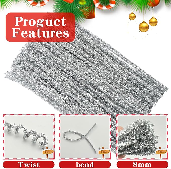 200Pcs Glitter Silver Pipe Cleaners Craft,Sparkly Pipe Cleaners,Art Aupplies Toys for Kids,DIY Craft Supplies for Halloween/Christmas Home Decor,Fidget Toys for Kids,Christmas Crafts for Girls 8-12