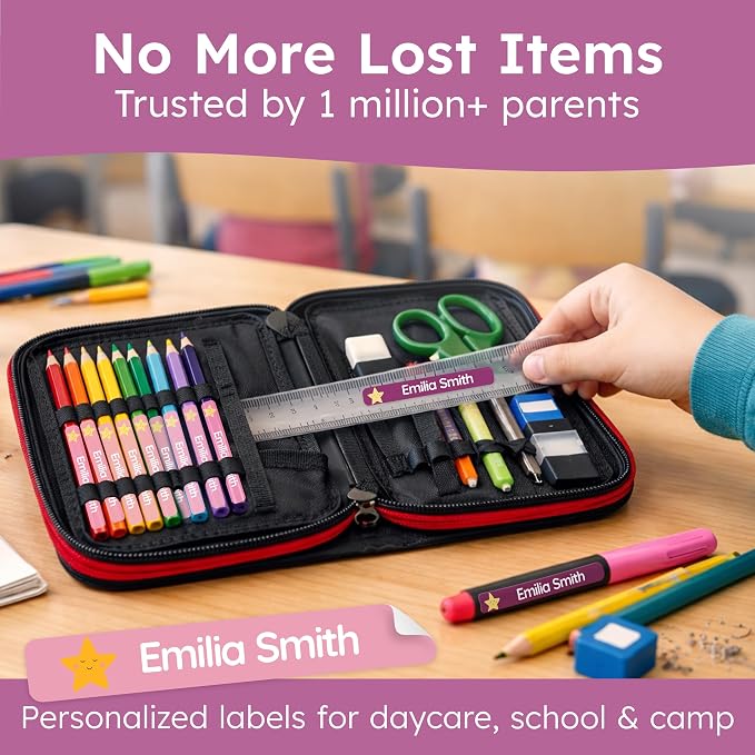 Personalized Kids Name Labels for Pencils Pink [150pcs] - Waterproof Name Stickers for School & Daycare - Pencil Custom Name Stickers - Children Name Stick On Labels for Pens (2.0”x0.3”)
