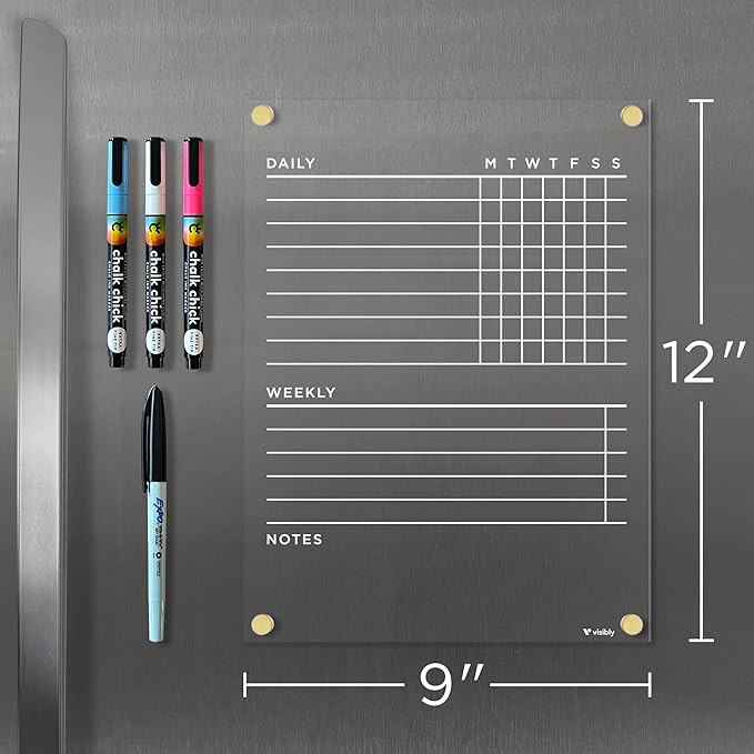 Magnetic Acrylic Chore Chart for Fridge 9” x 12”, Clear Wet Erase Refrigerator Task Board, Minimalist Routine Planning Board, Includes 4 Magnetic Markers, Black Corner Magnets