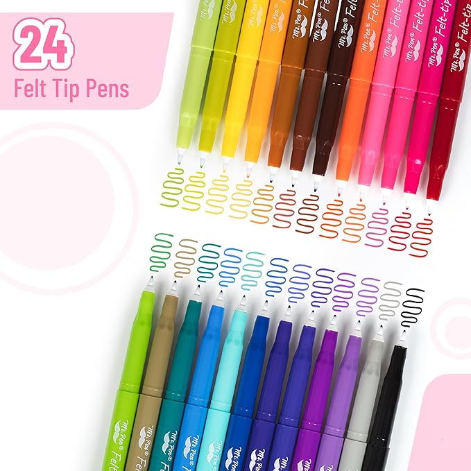 Mr. Pen- Felt Tip Pens, 24 Pack, 0.7 mm, Colorful Felt Tip Pens, Fast Dry, No Smear, Planner Markers for Underlining, Writing, Drawing, Journaling Supplies