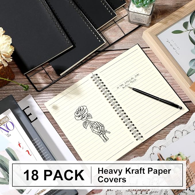 Yahenda 18 Pcs Spiral Notebooks, 1 Subject, Wide Ruled, Black Color