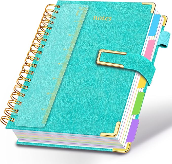 Hardcover Spiral Notebook College Ruled, 6.2"x 8.2" Leather Journal Notebook with Magnetic Closure, 300 Pages 5 Subject Notebook with Dividers Tabs Journal for Women Men, Work, School(Blue)
