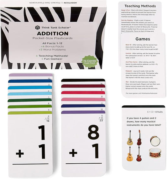 Think Tank Scholar Addition Flash Cards - 150 Facts 1-12 - Award Winning Math Flashcards for Toddlers 2-4 - Kids Ages 4-8 in Kindergarten, 1st, 2nd, 3rd Grade & Homeschool - Teaching Methods & Games