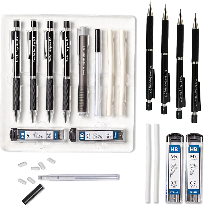 MozArt Mechanical Pencil 0.7mm Set 2x30 HB Lead & Eraser Pen Refills | Metal Mechanical Pencil with Lead & Eraser Refills – Sketch, Architecture, Drafting & Art for Students, Artists & Beginners