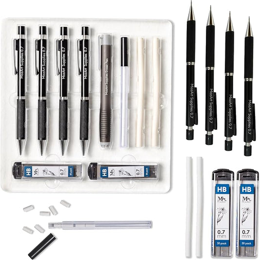MozArt Mechanical Pencil 0.7mm Set 2x30 HB Lead & Eraser Pen Refills | Metal Mechanical Pencil with Lead & Eraser Refills – Sketch, Architecture, Drafting & Art for Students, Artists & Beginners