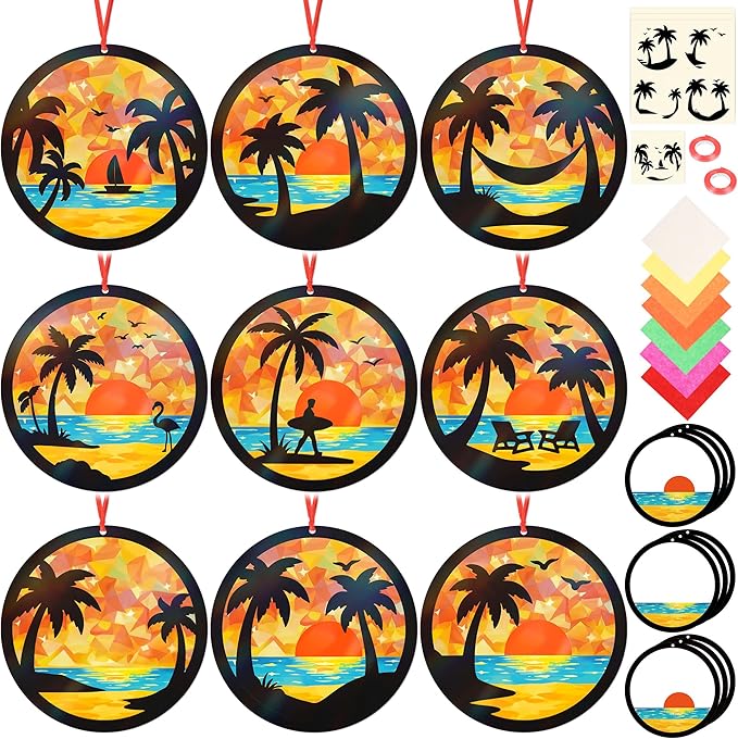 Renbuzhu 48PCS Summer Crafts: Paper Tropical Palm Tree Suncatchers DIY Kits, Window Stained Glass Effect Art Supplies for Hawaiian Luau Tiki Beach Party Favors