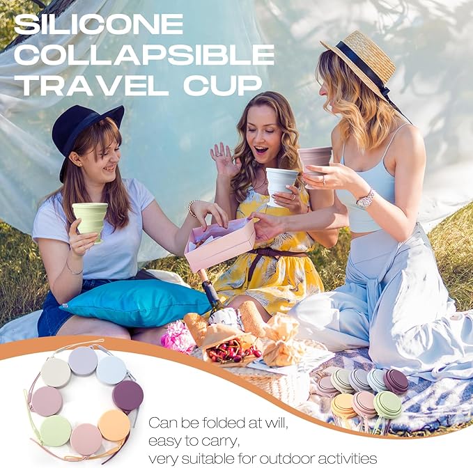 Funnymoom 8 Pcs Collapsible Travel Cups with Lids 7 oz Silicone Folding Camping Cup Reusable Drinking Cup Sets for Outdoor Hiking Camping and Travel(Macaron Colors)