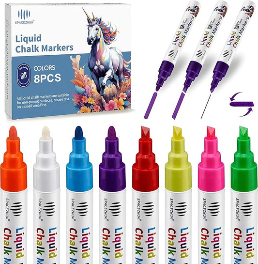 Liquid Chalk Markers with 6mm Reversible Tips 8 Colors Dry & Wet Erase Pens, Neon Chalk Markers for Blackboard Whiteboard Chalkboard Mirror Glass Window Cars