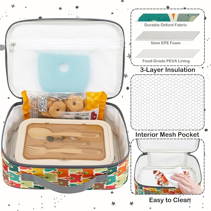 FlowFly Kids Lunch box Insulated Soft Bag Mini Cooler Back to School Thermal Meal Tote Kit for Girls, Boys, Bear
