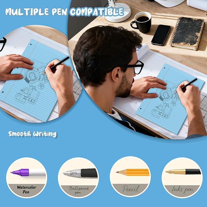 Blue Loose Leaf Paper 8 x 10.5, 120 Sheets Lined Paper College Ruled Paper, 3 Hole Punched Notebook Paper College Ruled, 3 Ring Binder Paper 8 x 10.5, Filler Paper College Ruled for Office, School