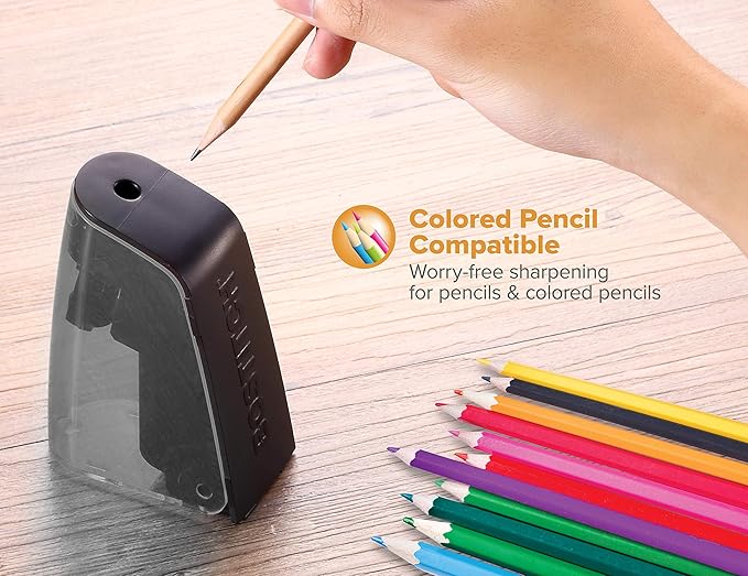 Bostitch Office Battery Pencil Sharpener, Hinged Tray, Colored Pencil Compatible, Black