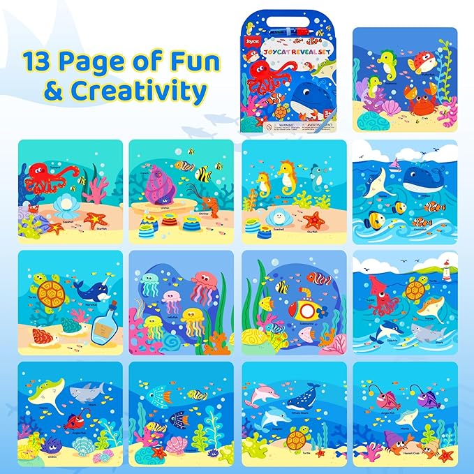 JoyCat Ocean Water Coloring Book for Toddlers 3-5, Reusable No-Mess Water Painting Book with Water Pen, 13 Activity Pages, Travel Toy Gift for Boys & Girls