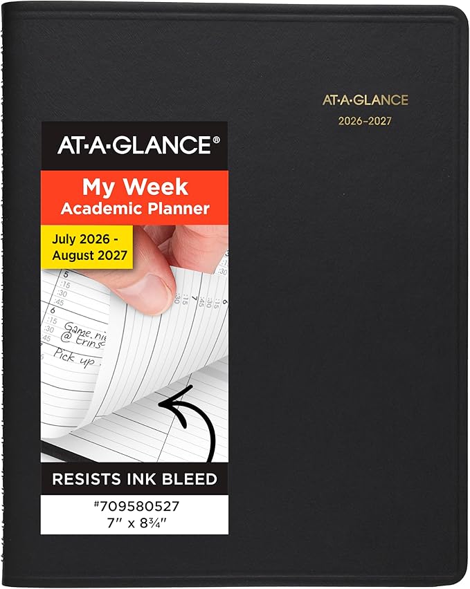 AT-A-GLANCE Planner 2026-2027 Weekly Academic 14-Month July-August, Quarter-Hourly Appointment Book, 7" x 8-3/4", Black (7095805)