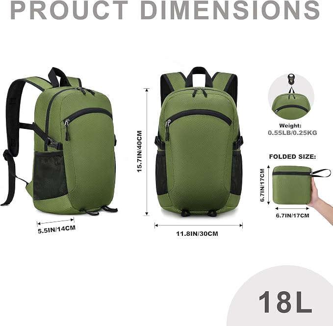 Lightweight Hiking Backpack 18L Packable Foldable Small Daypack Collapsible Travel Bag Water-Resistant for Women Men (Green)