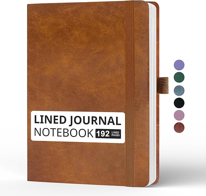 Lined Journal Notebook, A5, 192 Pages 100 GSM Thick Paper, Hardcover Leather College Ruled Journal for Writing, Men Women, Journaling, Daily, Work, Office, Home School Business(Brown)
