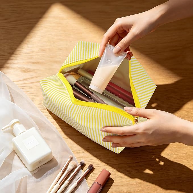 Makeup Bag Set for Women, 6PCS Travel Cosmetic Bags Pencil Case, Striped Seersucker Toiletry Organizer Pouches, Cute Makeup Pouch for Purse, Accessories and Gifts, Yellow