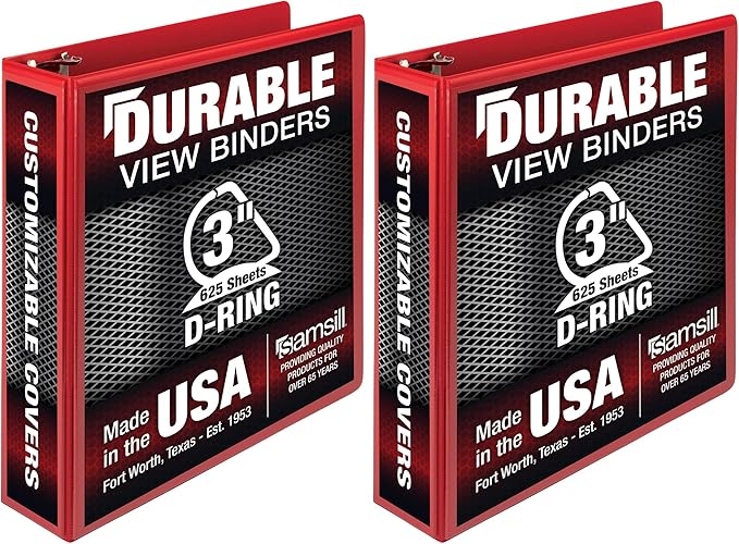 Samsill Durable 3 inch 3 Ring Binder, D Ring Binder, 100% Recycled Chipboard, Red (Pack of 2)