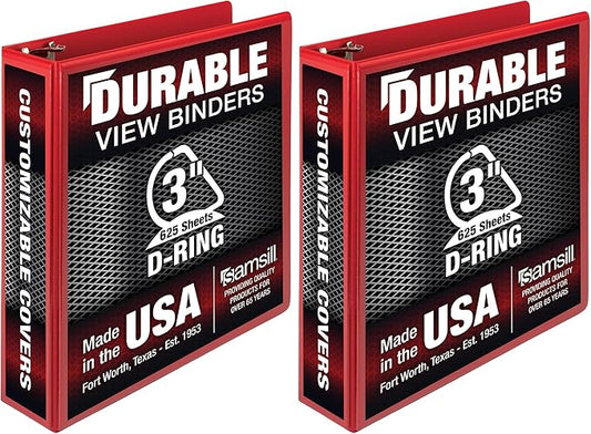 Samsill Durable 3 inch 3 Ring Binder, D Ring Binder, 100% Recycled Chipboard, Red (Pack of 2)