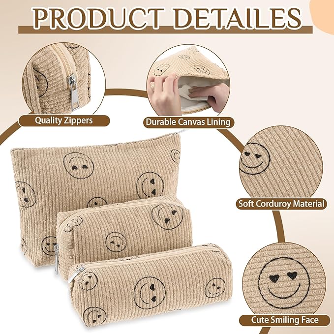 Huhumy 3 Pcs Makeup Bag Set for Women Corduroy Cosmetic Pouch Aesthetic Smile Travel Toiletry Bag Cute Purse Pouch Pencil Case Makeup Brushes Storage Organizer with Zipper(Khaki,Smile Face)