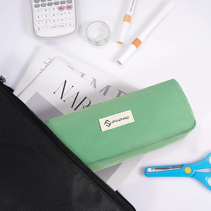 FINPAC Pencil Case, Corduroy Aesthetic Makeup Bag, Cute Kawaii Pen Bag Pouch Holder Box Organize for Study, Office, or Travel (Grass Green)
