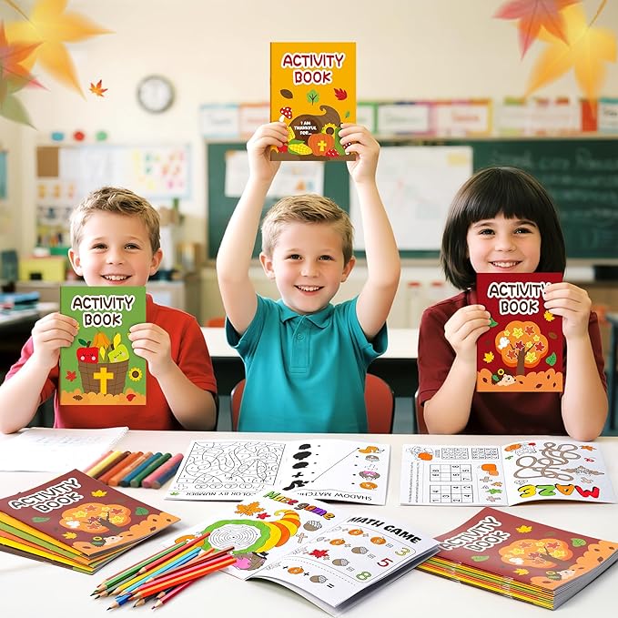 JAPBOR Fall Religious Coloring Books - 24PCS Mini Autumn Christian Activity Color Book Bulk for Kids Party Favors, Thanksgiving Bible Small Colour Pages for Sunday School Church Drawing Painting Games