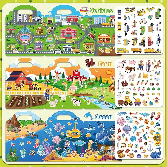 Jelly Sticker Books for Toddlers 2-4 Years, 6 Sets Reusable Sticker Books for Toddlers 1-3, Travel Toys Stickers Activity Book for Kids 2 3 4 5 6 Years Old Girls Boys Gifts (6Sets-Collection)