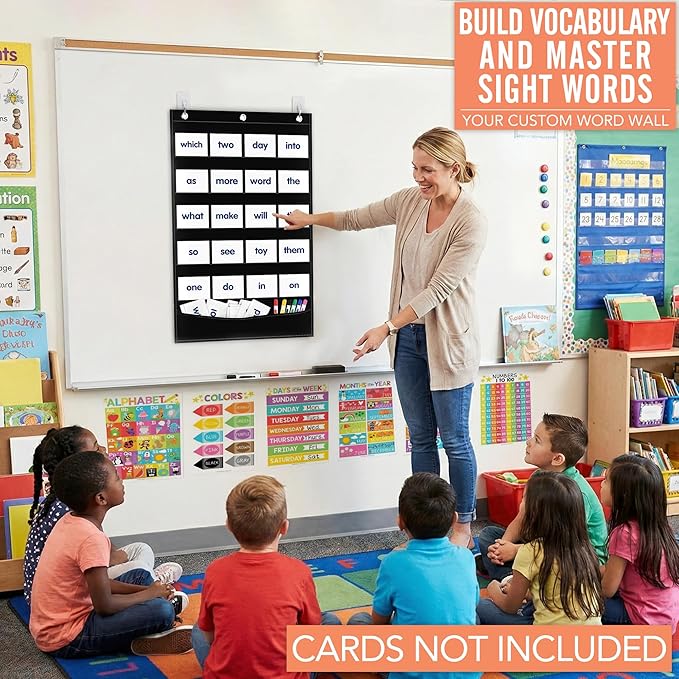 Pocket Chart for Classroom - 5+1 Small Black Pocket Chart for Alphabet Learning Word Wall Calendar Daily Schedule Sentence Strips Sticker Display, Teacher Supplies for Preschool Kindergarten & Home