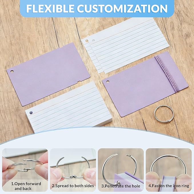 NEEWAY Ruled Index Cards with Ring 3x5 Inches, 200 Count Note Cards Lined, Flash Cards with Rings for Studying, Home and Office (Light Purple)
