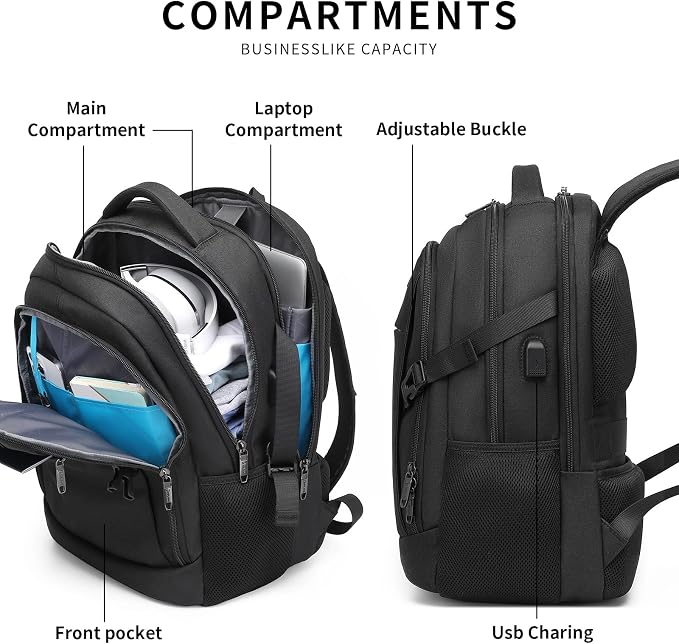 DUSLANG Anti-Theft Laptop Backpack, Black, 15.6-14-13 Inch Laptop Sleeve, USB Charging Port and Black TSA Lock