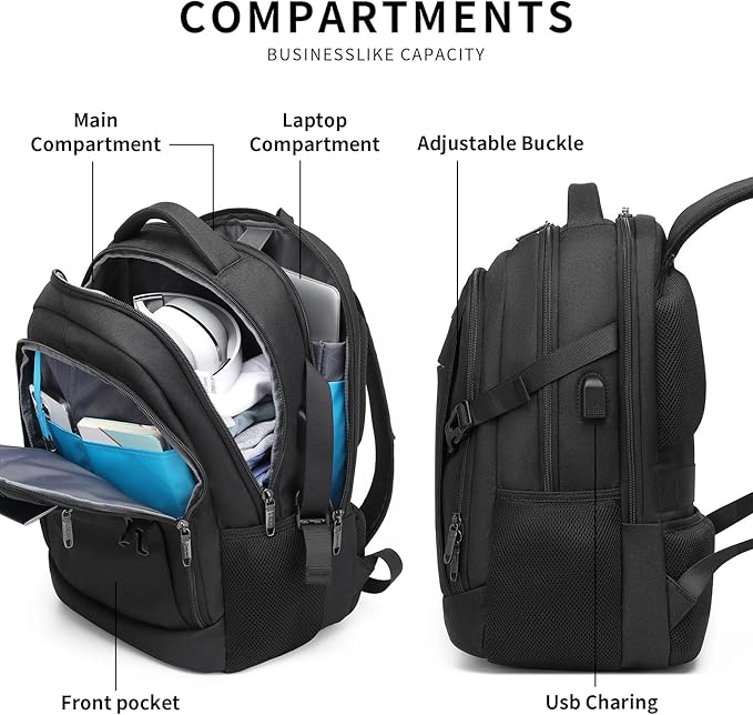 DUSLANG Anti-Theft Laptop Backpack, Black, 15.6-14-13 Inch Laptop Sleeve, USB Charging Port
