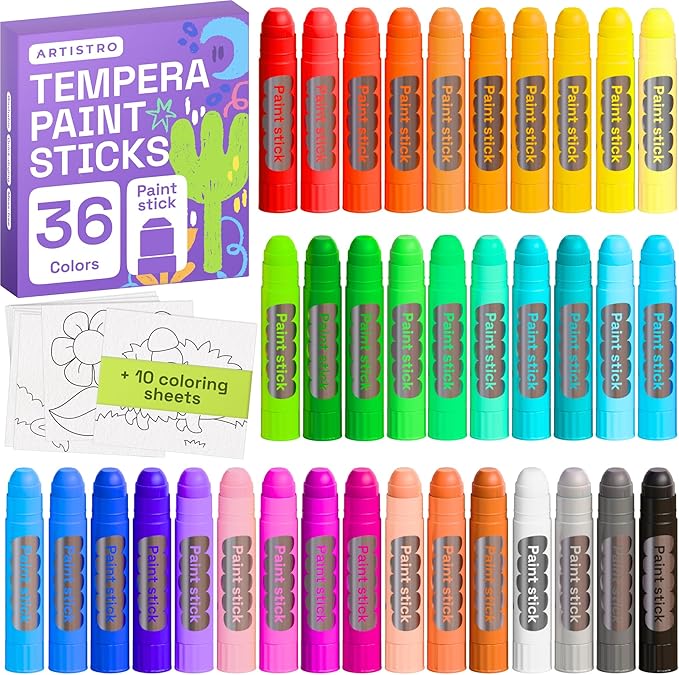 ARTISTRO 100% Washable Tempera Paint Sticks for Kids - 36 Non-toxic Paint Markers for Kids - Color Sticks with Twist Design, Coloring Pages Included