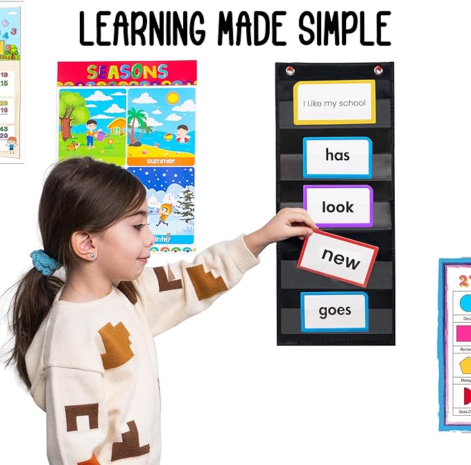 Essex Wares - 9"x22", 9"x44", 17"x22", and 17"x44" Pocket Chart, Black - Sturdy Variety Pack Pocket Chart for Classroom for Sentence Strips - Easy to Use & Hang, Reusable Black Pocket Chart