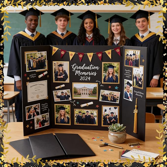 Colarr 3 Pack Graduation Photo Display Board Large Graduation Season Trifold Poster Board 24" x 36" Black Trifold Poster Photo Display for Class of 2026 Grad Party Picture Frames for Table