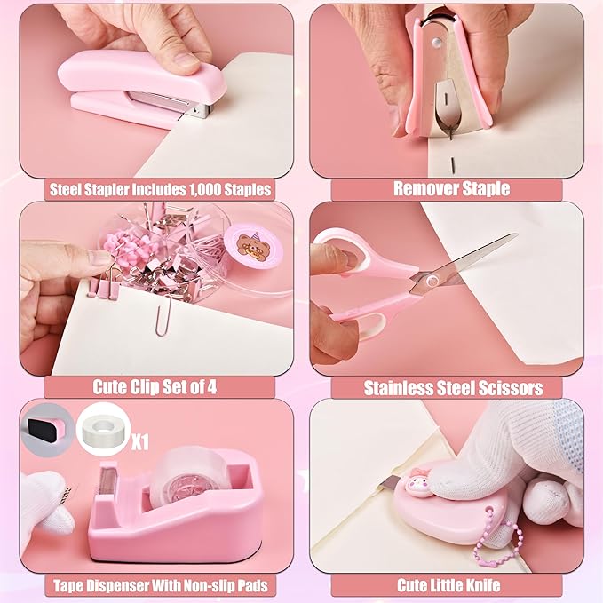 Pink Desk Accessories, 24Pcs Pink Office Supplies and Desk Organizers, with Tape Dispenser, Stapler, Staple Remover, Ect, Gift Box Packaging