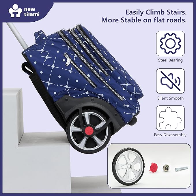 NEW TILAMI 20" Rolling Backpack for Teens Adults, Climbing Stairs Waterproof Backpack with Wheels for School Business Trave Camping with Laptop Compartment, Fit 17 Inch Laptop, Navy Bling