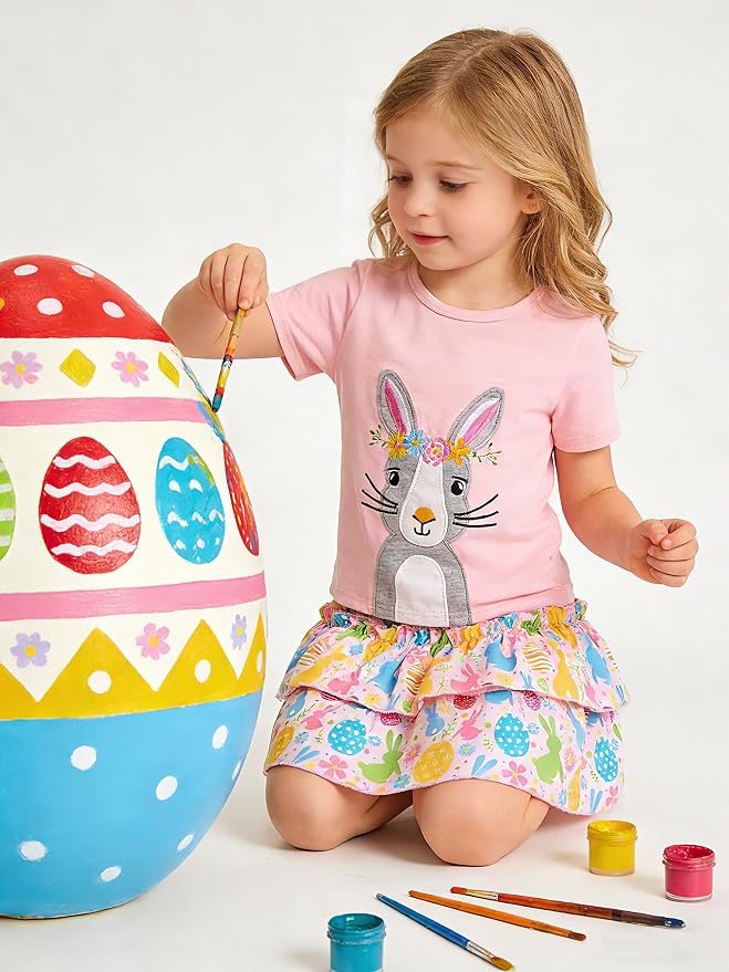 Little Girls Skirt Set - 2 Piece Short Sleeve Top Shirred Tiered Skirt Outfit Girls Spring Summer Clothes 3-8 Years