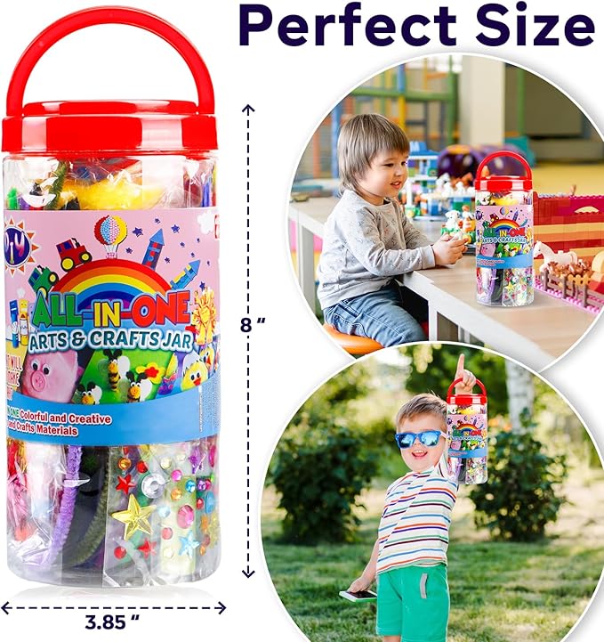 FUNZBO Arts and Crafts Supplies for Kids - Toddlers Craft Kit with Glitter Glue Stick, Pipe Cleaners, Pom Poms, Popsicle Sticks Tools, DIY School Supplies Kit, Birathday Gifts for Girls Boys Age 4+