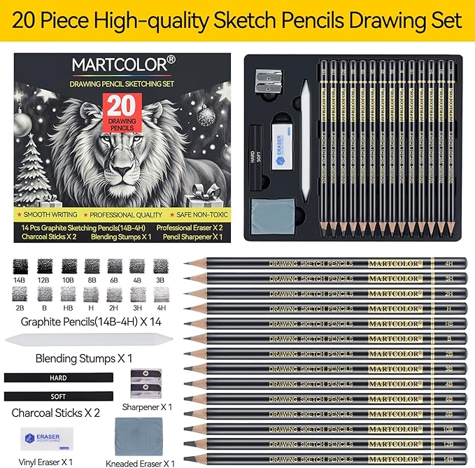 MARTCOLOR Drawing Sketching Pencil Set, 20 Pieces, Graphite Pencils (14B-4H), Charcoal Sticks, Stump, Eraser, Sharpeners, Ideal for Drawing Art, Sketching, Artist Pencils for Beginners & Pro Artists