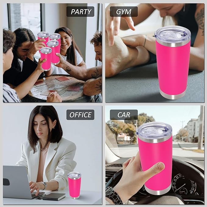 AIANJI 20oz Tumbler Bulk Stainless Steel Tumblers with Lid Vacuum Insulated Double Wall Travel Coffee Mug Powder Coated Tumbler Cup for Hot and Cold Drinks(Hot Pink, 6 pack)