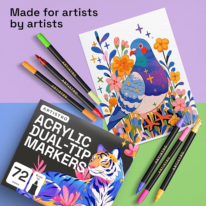 ARTISTRO Paint Markers 72 Colors - Acrylic Pens for Rock, Glass, Fabric, DIY - Art Supplies - 36 Dual Brush Tip Markers