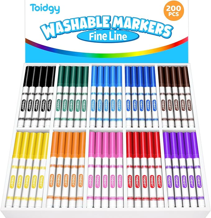 Toidgy 200 PCS Washable Markers for Kids, Colored Markers Bulk for School, Thin Marker Set in 10 Assorting Colors, Fine Line Marker with Conical Tip, Back to School Supplies, Classroom Must Haves