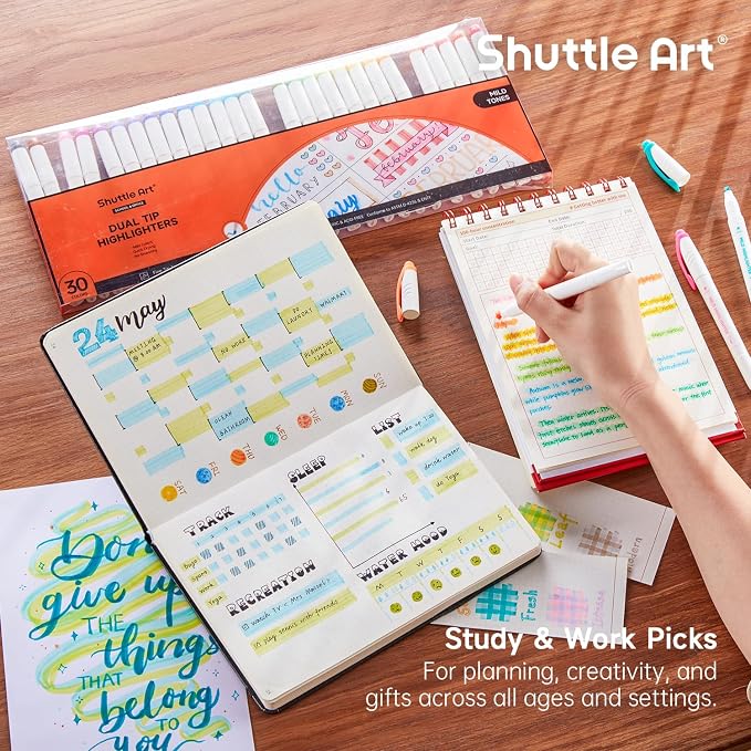 Shuttle Art 30 Colors Highlighters, Pastel Highlighter Pens Assorted Colors, Dual Tip Mild Color Markers, Perfect for Adults Teachers Students Underlining, Highlighting for Home School Office