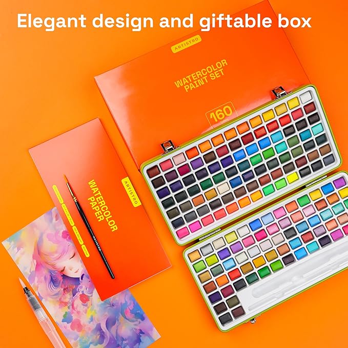 ARTISTRO Watercolor Paint Set 160 Colors - Vivid, Metallic & Neon, Portable Travel Set for Kids & Adults