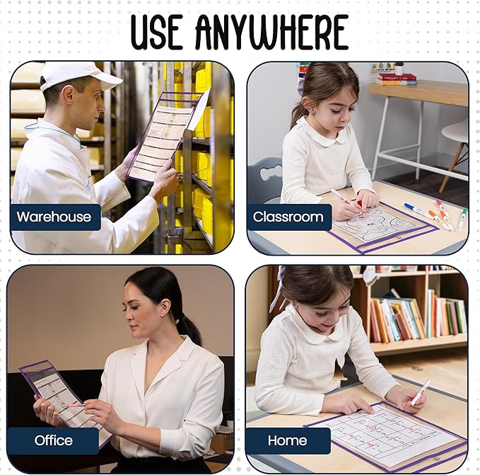 Essex Wares - 6 Pack, Purple, Dry Erase Pocket Document Protectors, 10" Wide x 13.5" Tall - Dry Erase Clear Plastic Sleeves - Reusable & Easy Erase Plastic Invoice Holders, Water-Resistant & Durable