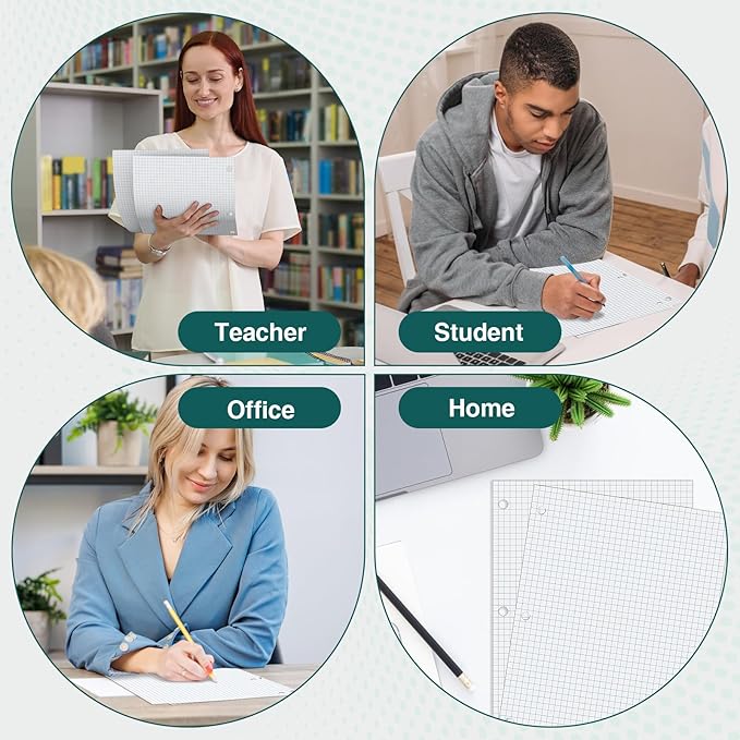 390 Sheets Quad Ruled Graph Paper, 3 Hole Punch Paper 8 x 10.5 White, Loose Leaf Graph Paper,Filler Paper 4 x 4 Graph Rule, Notebook Paper for 3 Ring Binder, Engineering Paper for School Home Business