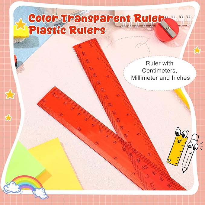 EBOOT 2 Pack Plastic Ruler Straight Ruler Plastic Measuring Tool for Student School Office(Red,12 Inch)