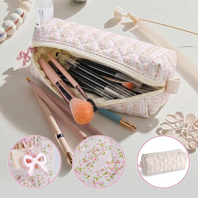 Cute Quilted Pencil Case for Girls Women, Aesthetic Small Floral Pencil Pouch,Slim Soft Pencil Bag for School Supplies Makeup Pouch for School & Daily Use (Floral Stripes)