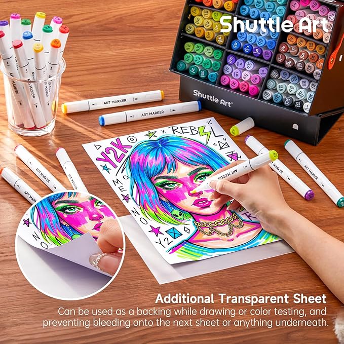 Shuttle Art Brush Tip Alcohol Markers, Dual Tip Brush & Fine Tip Art Marker Set, 121 Colors Marker Pens with Organized Case Perfect for Illustration Students Adults Coloring Sketching