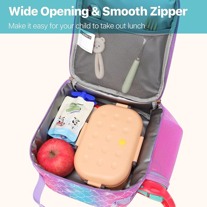 Bagseri 2 Pack Kids Lunch Box for Girls - Insulated Toddler Lunch Bag Fits Bento Box, Reusable Daycare Cooler Tote with Clip Handle, Water-Resistant Lining, Unicorn & Mermaid